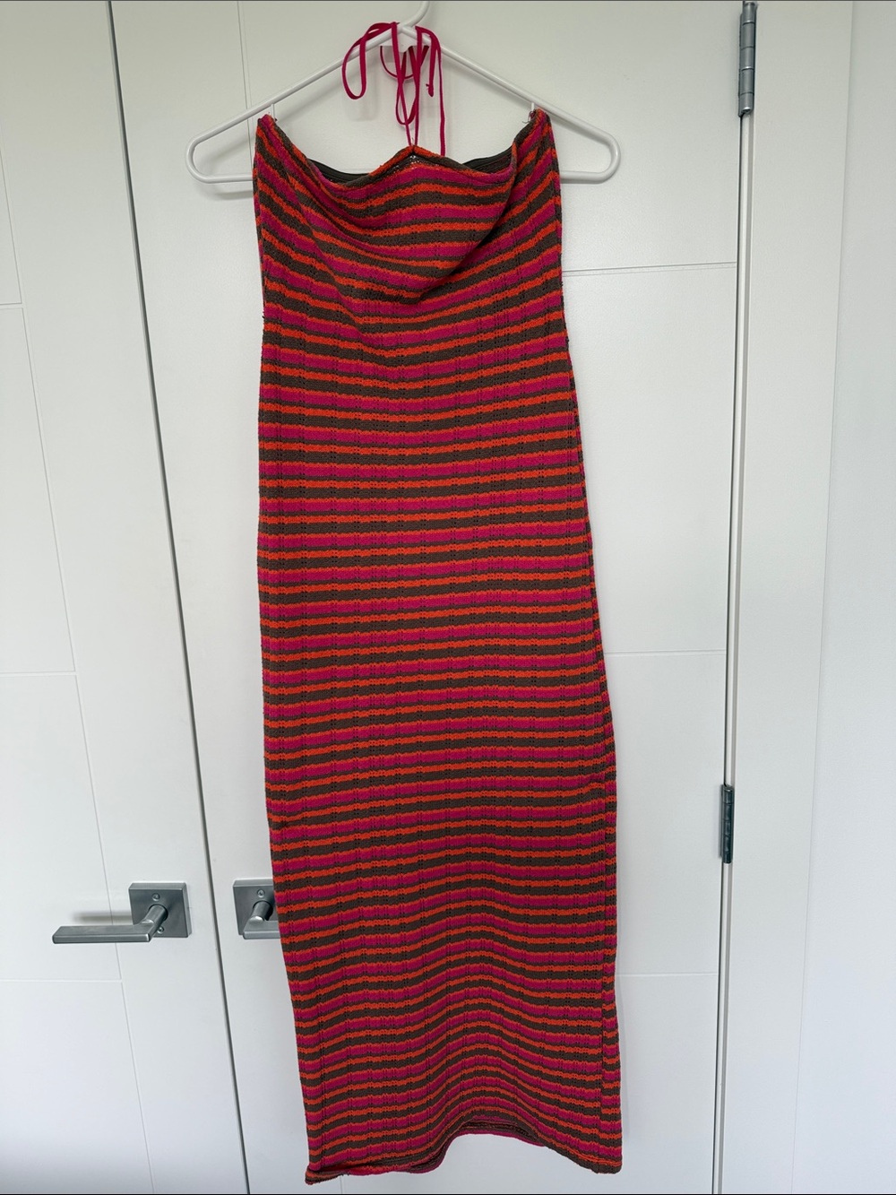 Zara Strapless Knit Maxi Dress in Red and Pink Stripes